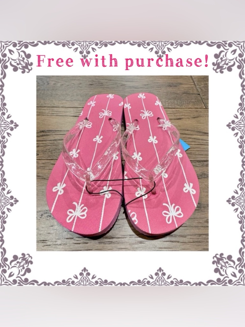Flip flops sandals shoes - pink w/white bows /ribbons - NEW 7/8 med FREE w/purch